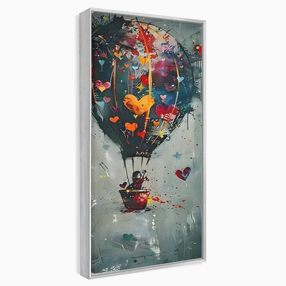Tablou canvas cu tablou canvas cu balon cu aer cald si inimi, in rama de aluminiu argintiu